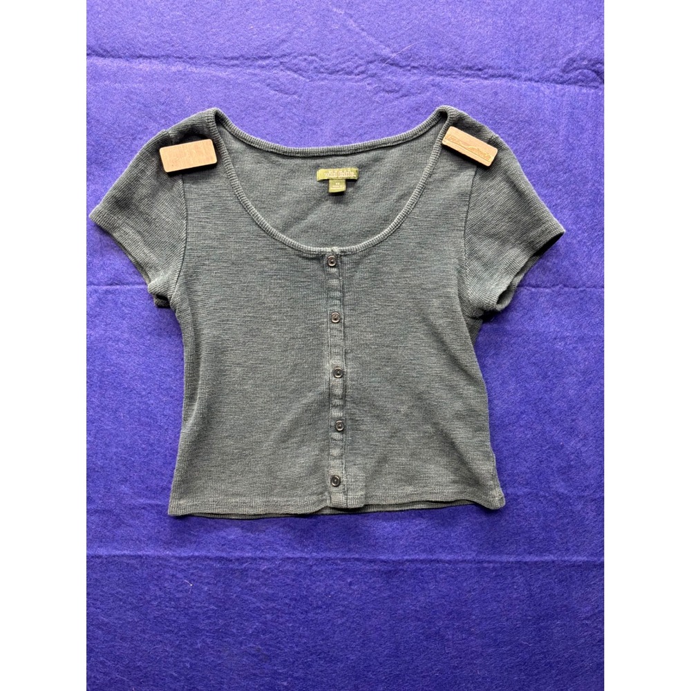 [Grunge] Womens Wild Fable Waffle Knit Button Front Crop‎ Top XS Grey Green